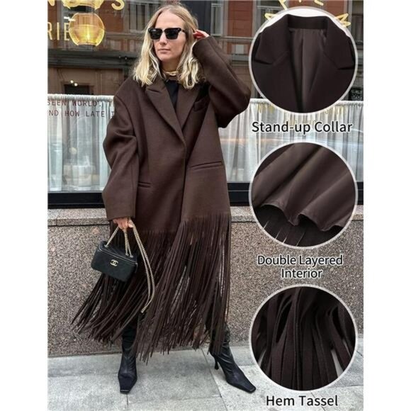 Women's Long Coat Notch Lapel Single-Breasted Jacket Brown - Picture 7 of 7
